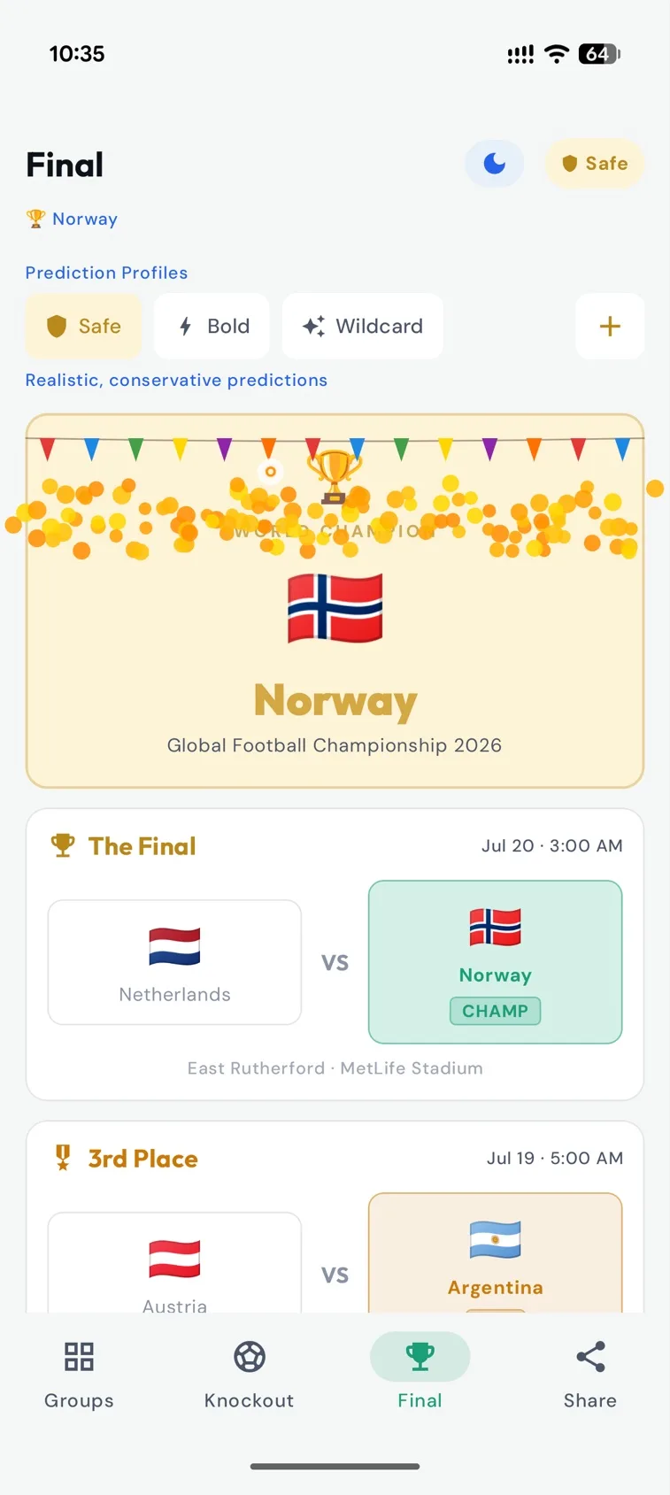 Football Predictor 2026 final screen: a celebratory champion card showing Norway’s flag beneath a trophy and bunting, above cards for the final — Netherlands versus Norway at MetLife Stadium, East Rutherford — and the third-place playoff between Austria and Argentina.