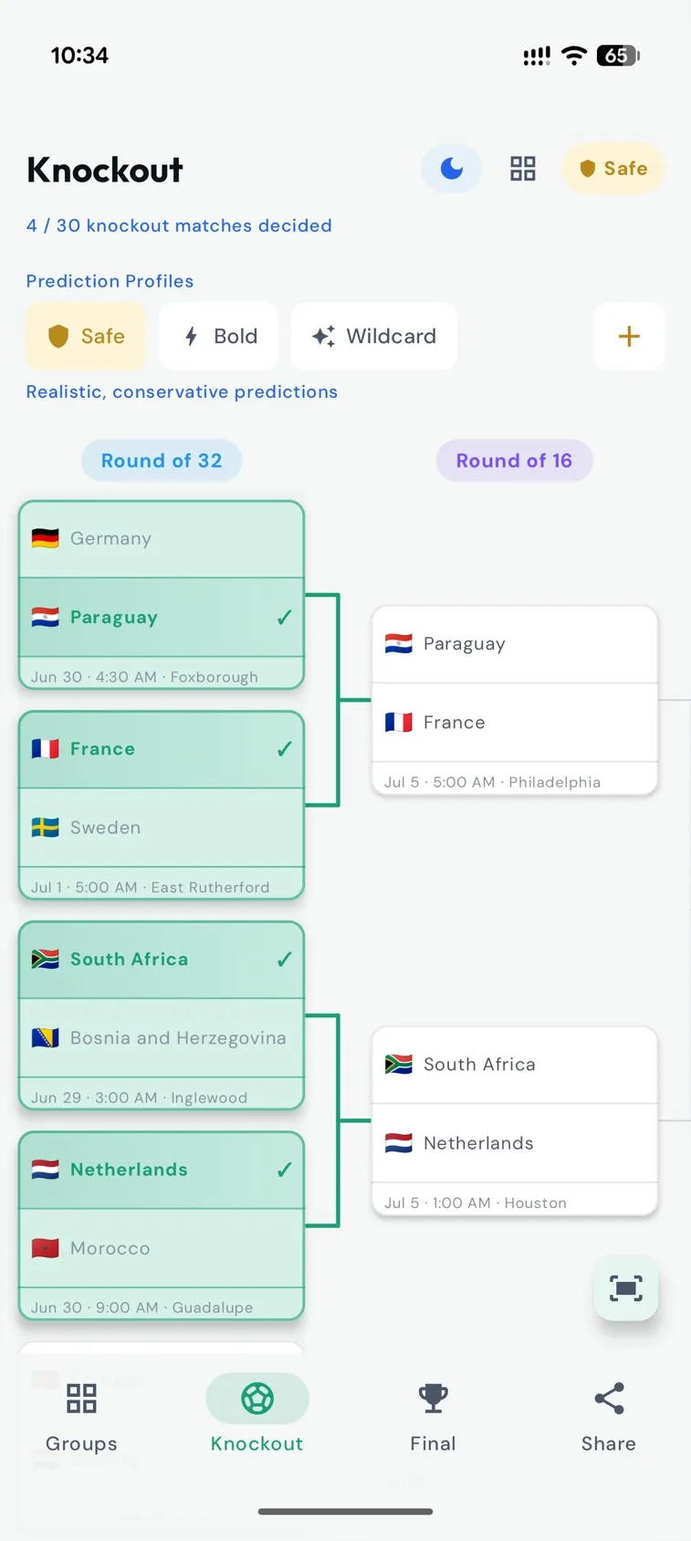 Football Predictor 2026 knockout screen showing a bracket tree linking Round of 32 fixtures to the Round of 16, each match card carrying both teams with flags, a tick against the predicted winner, and the kickoff date, time and host city beneath. A counter reads 4 / 30 knockout matches decided.