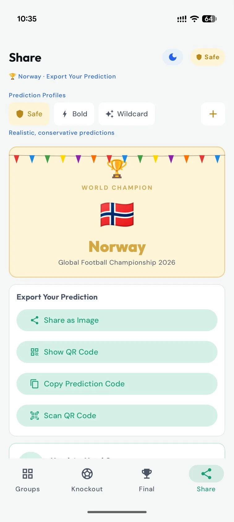 Football Predictor 2026 share screen with the champion card above an Export Your Prediction panel offering Share as Image, Show QR Code, Copy Prediction Code and Scan QR Code.