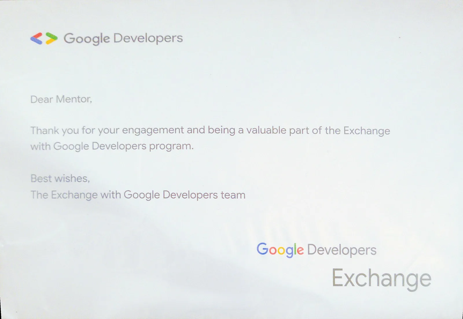 Letter from the Google Developers team addressed to “Dear Mentor”, thanking Sabbir for his engagement and for being a valuable part of the Exchange with Google Developers program.