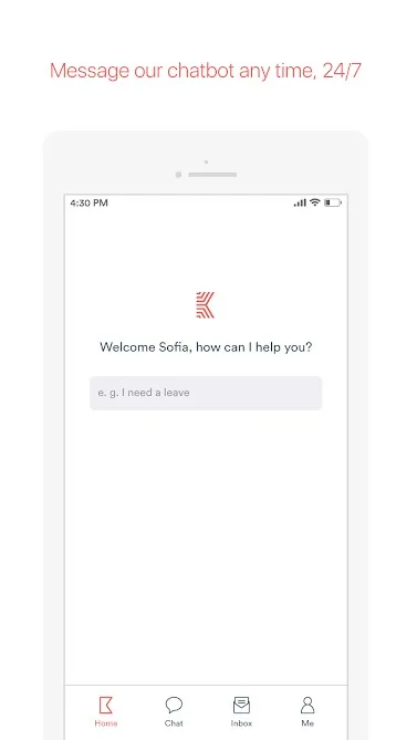 Kinship.ai store graphic headlined “Message our chatbot any time, 24/7”, showing the app home screen greeting an employee and inviting a request such as needing leave.