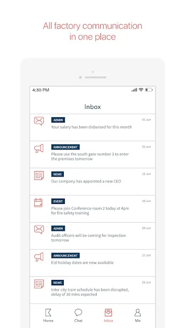 Kinship.ai store graphic headlined “All factory communication in one place”, showing an inbox of dated messages each tagged admin, announcement, news or event — salary disbursed, a gate closure, a fire-safety training session and an inspection notice.