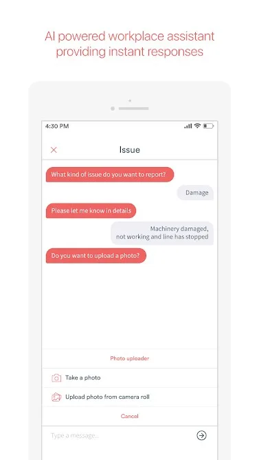 Kinship.ai store graphic headlined “AI powered workplace assistant providing instant responses”, showing a chat where a worker reports damaged machinery that has stopped the line and is offered a photo upload.