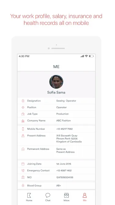 Kinship.ai store graphic headlined “Your work profile, salary, insurance and health records all on mobile”, showing a worker’s profile screen listing designation, position, job type, employer, contact number, addresses, joining date, emergency contact, national ID and blood group.