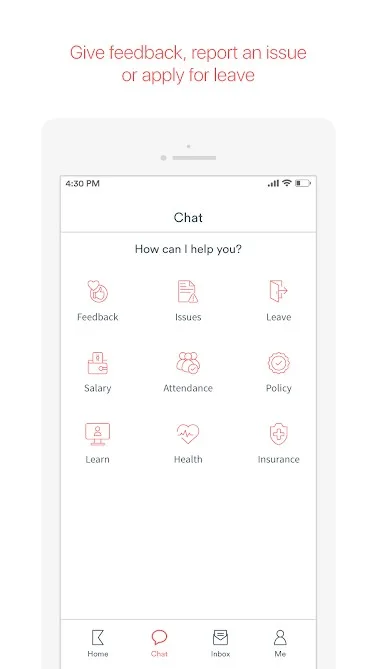 Kinship.ai store graphic headlined “Give feedback, report an issue or apply for leave”, showing a grid of shortcuts for feedback, issues, leave, salary, attendance, policy, learning, health and insurance.