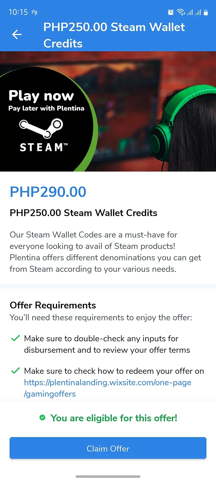 Plentina offer detail screen for Steam Wallet credits priced in Philippine pesos, with a Play now pay later banner, offer requirements and a claim button.