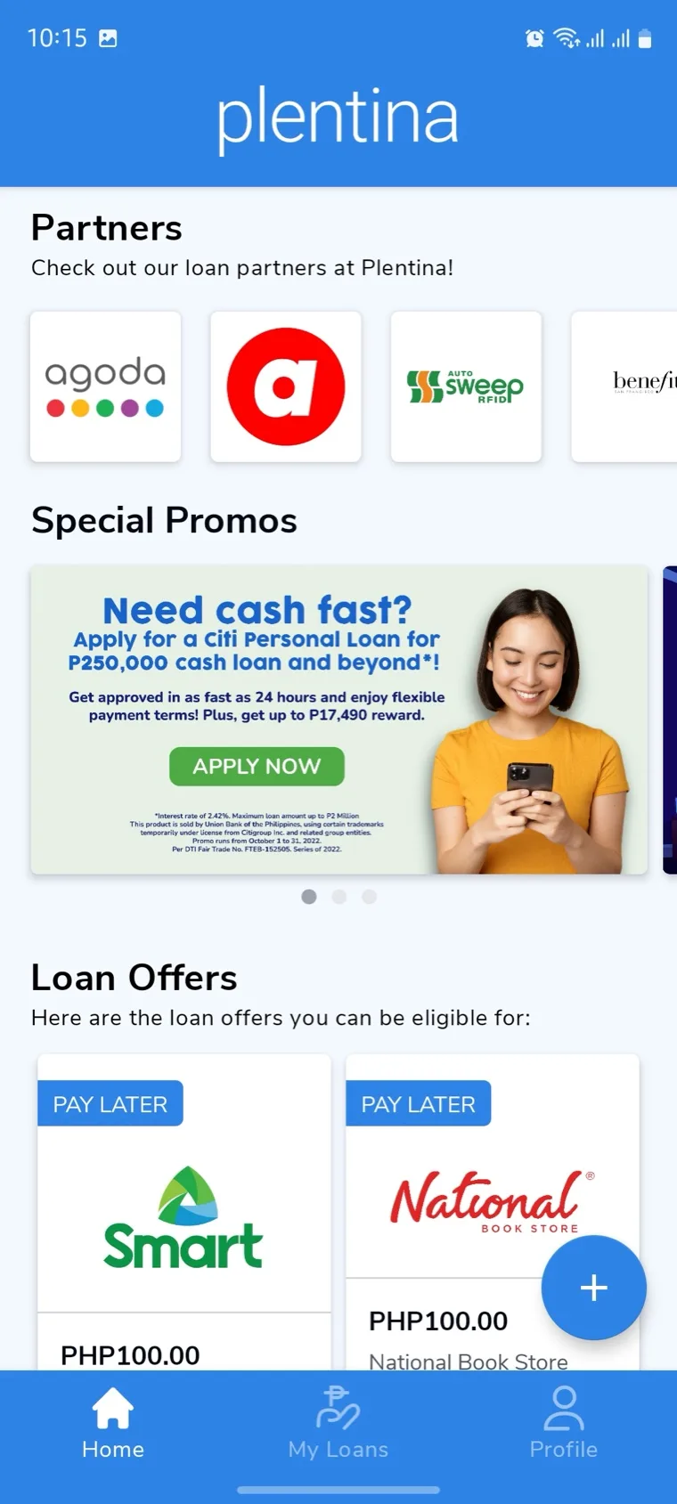 Plentina home screen: a row of loan partner logos, a promotional carousel offering a personal loan, and eligible pay-later offers from Smart and National Book Store priced in Philippine pesos.