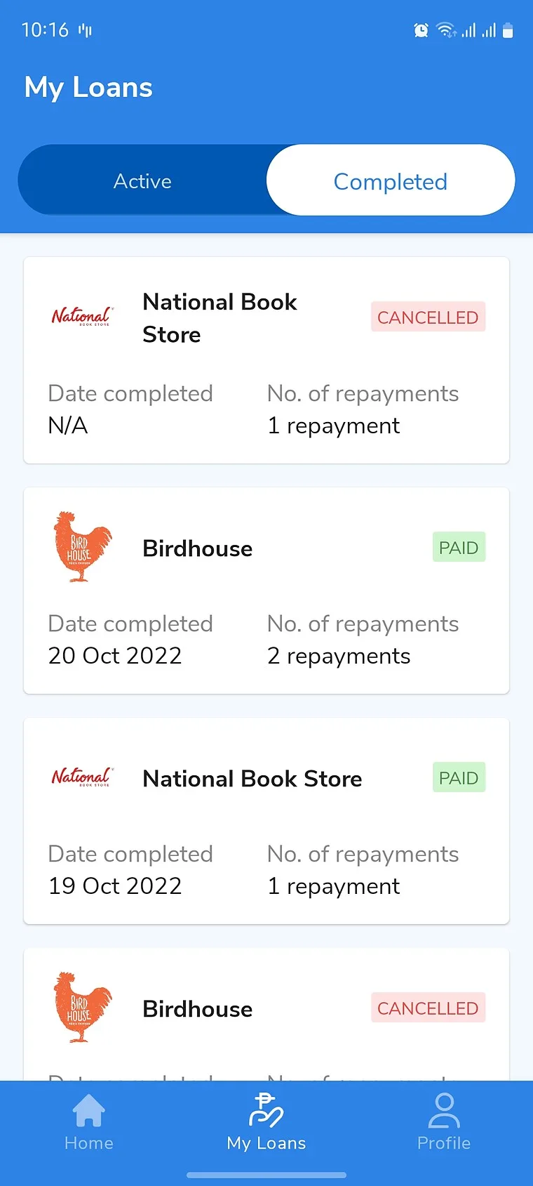 Plentina My Loans screen listing completed instalment plans from partner retailers National Book Store and Birdhouse, each marked paid or cancelled with its repayment count.
