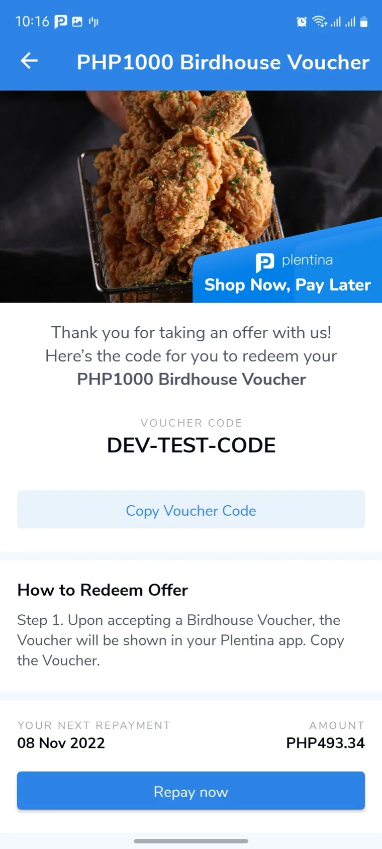 Plentina voucher screen after claiming an offer: the issued voucher code with a copy button, redemption steps, and the next repayment date and amount above a repay-now button.