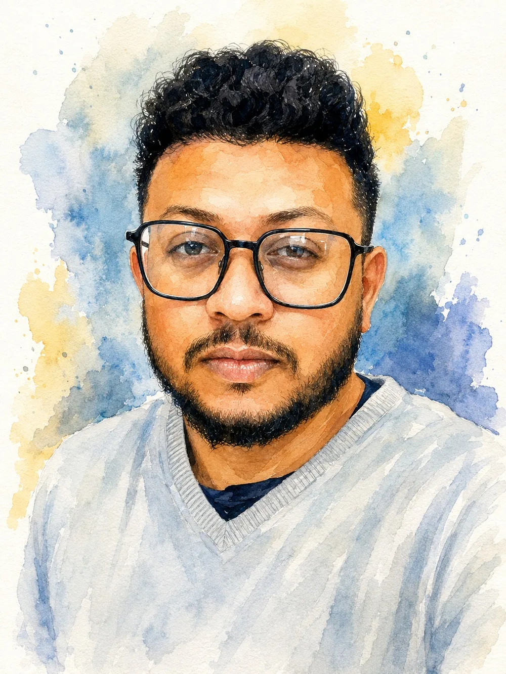 Watercolour portrait of Md Sabbir Ahmed Khan, wearing dark-rimmed glasses and a light V-neck sweater.