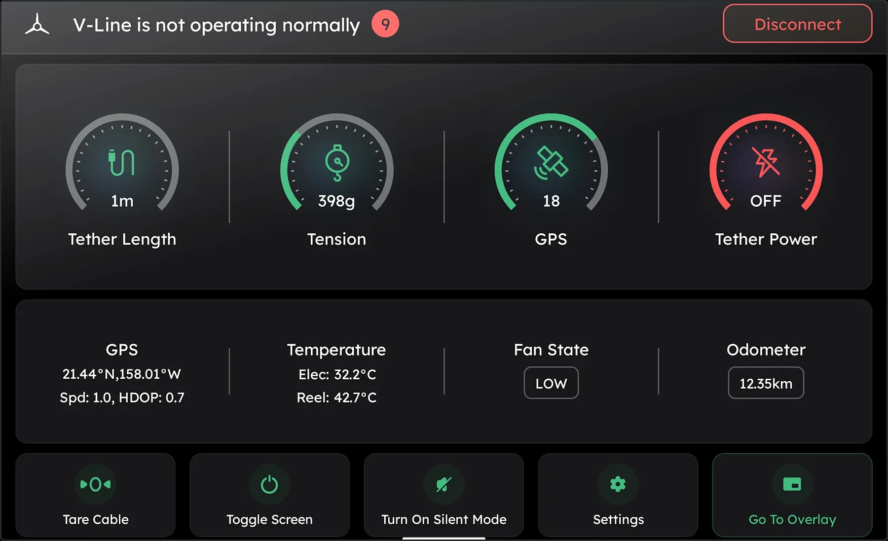 V-Assist tether dashboard in dark theme, showing tether length, tension, GPS satellite count and tether power gauges plus temperature and odometer readouts.