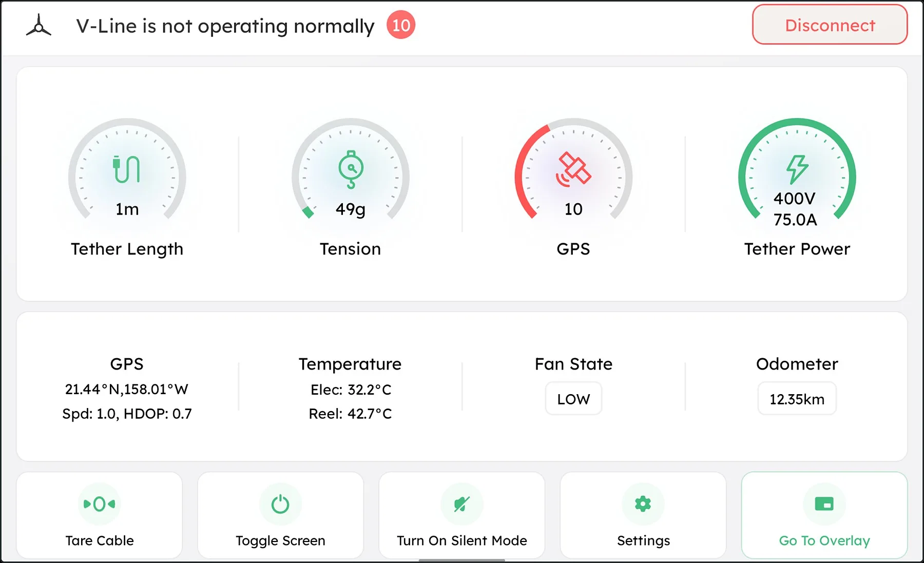 The same V-Assist tether dashboard in light theme, showing tether length, tension, GPS and tether power gauges.