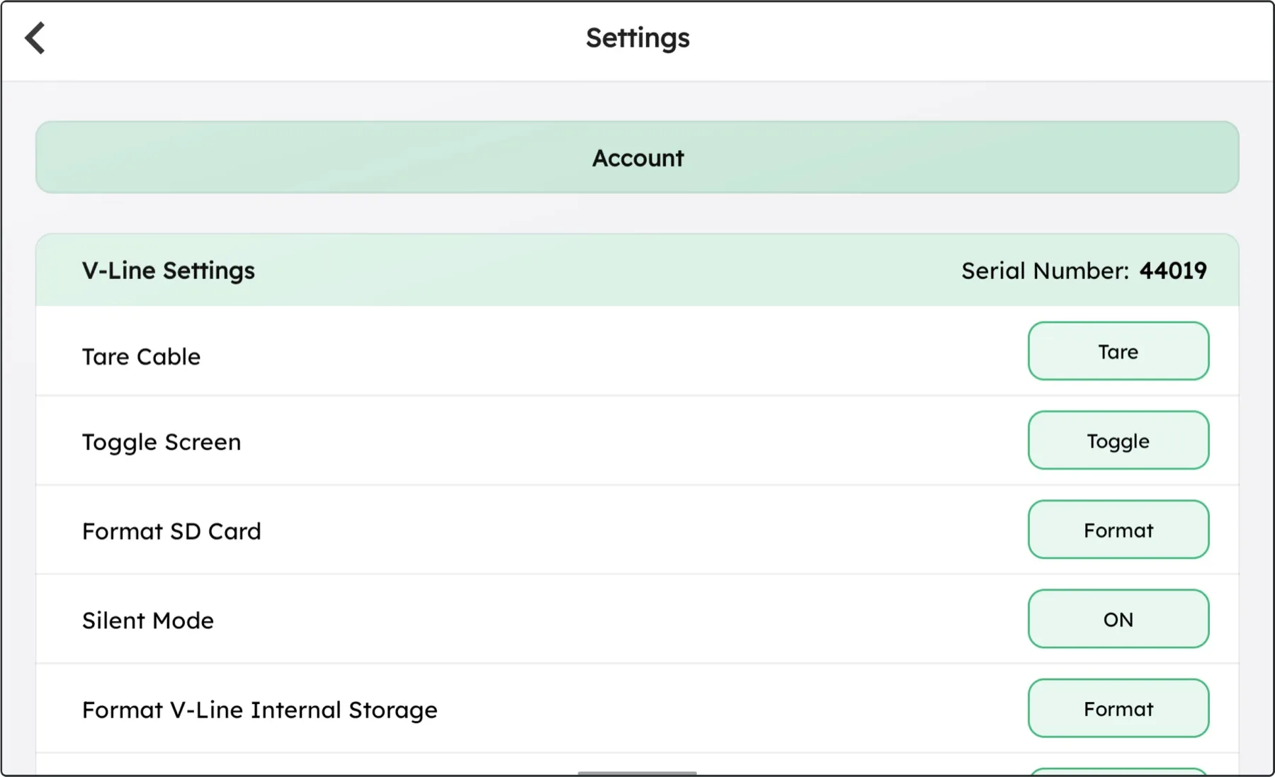 The V-Assist settings screen listing device maintenance actions — tare cable, toggle screen, format storage, silent mode — each with its own action button, and the connected unit’s serial number.