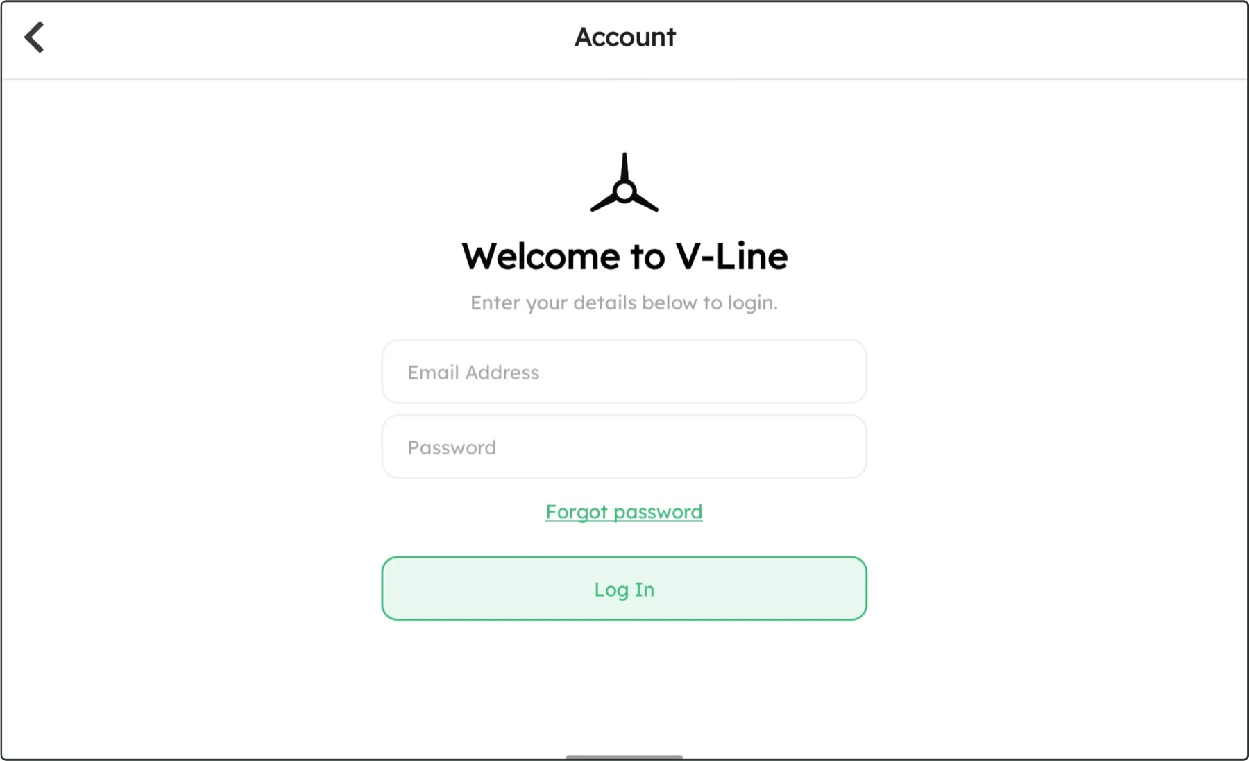 The V-Assist account screen with empty email address and password fields, a forgot-password link and a log-in button.