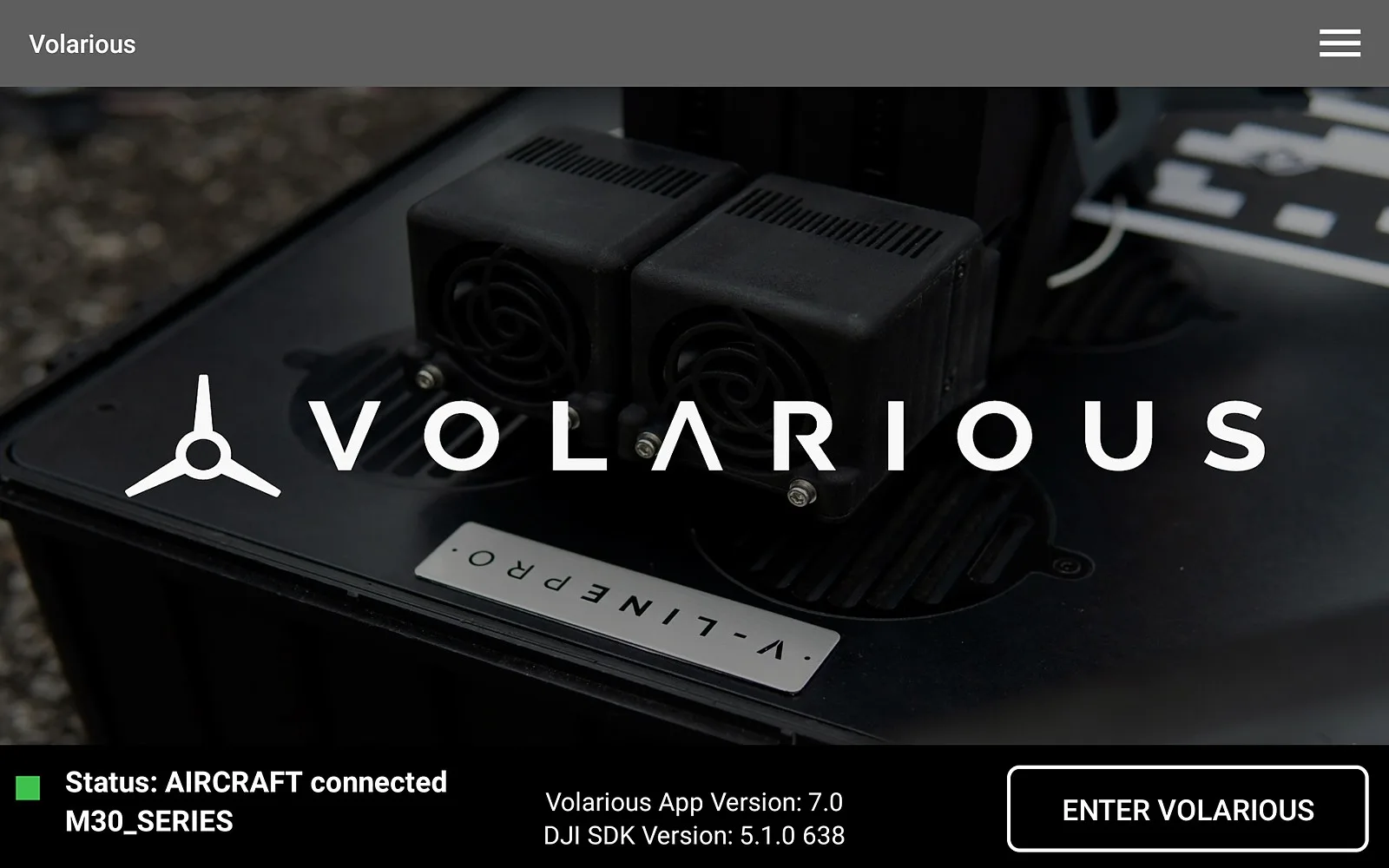 The Volarious launch screen reporting an aircraft connected on an M30-series drone, with the app version and DJI SDK version printed along the bottom.